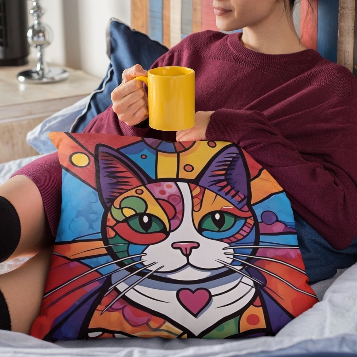 Square Pillowcase, Joyful Cubism Cat I - Image 5